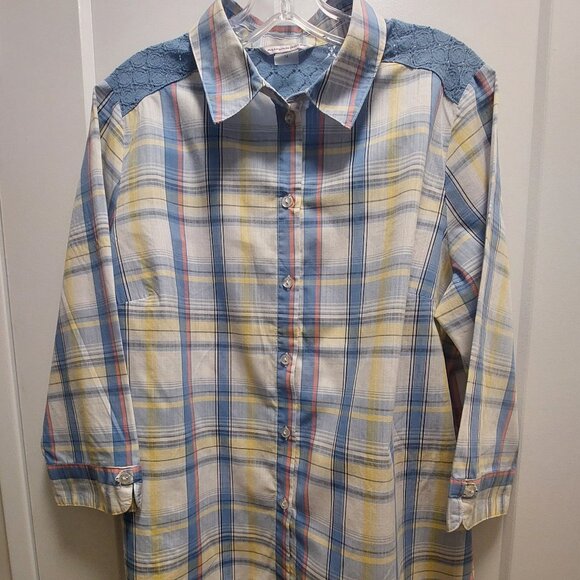 ALLISON DALEY Women's Blue Mix Plaid Button Down Shirt w/Lace Yoke - Size 14 - Picture 7 of 12